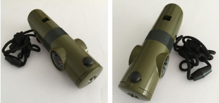 Camping Survival Whistle With Compass Thermometer Flashlight Magnifier